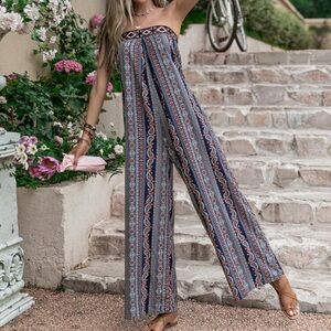 AMAZON Women's Boho Patterned Off Shoulder Tube Top Jumpsuit size L NWOT